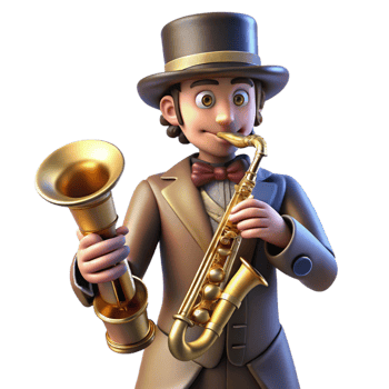 stunning minimalist A steampunk musician playing a brass and woodwind hybrid instrument, wearing a velvet coat and top hat, illuminated by stage lights in a theatrical style 4K png