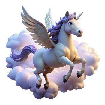 magnificent classic A majestic pegasus flying through a cloudy sky, illuminated by sunlight breaking through the clouds, in a dreamy style detailed png