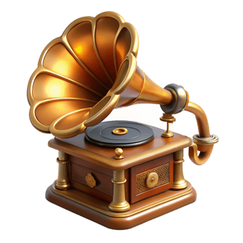 serene modern A steampunk gramophone, brass and wood, intricate horn and gears, playing a vinyl record, warm, inviting lighting, highly detailed, realistic high resolution png