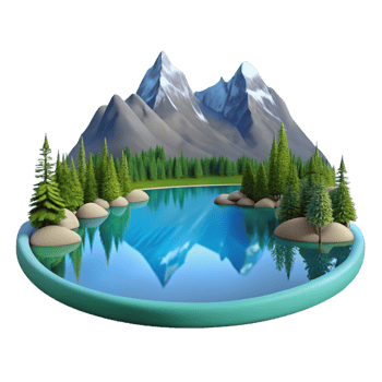 vibrant minimalist A serene lake reflecting the surrounding mountains and trees, calm water, landscape photography style high resolution png