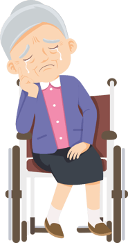 Grandma sits in a wheelchair crying because she is sad about her sudden illness. png