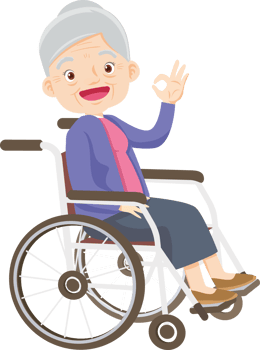 Happy grandmother sitting in a wheelchair and smiling. png