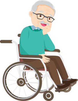 Grandpa sits in a wheelchair, smiling at memories of the past. png