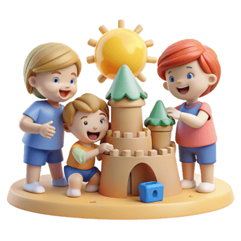 stunning artistic A playful group of cartoon children building a sandcastle on a sunny beach, bright midday sun illuminating the scene, drawn in a simple and cheerful cartoon style original png