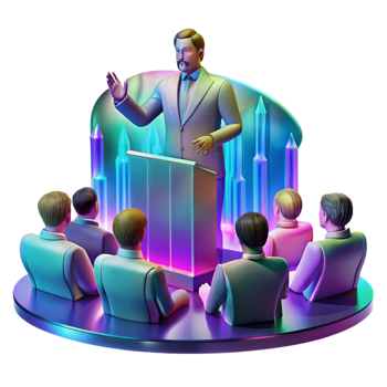 vibrant artistic A holographic projection of a political leader addressing a crowd, distorted visuals, glitch art style, vibrant neon colors, dramatic lighting genuine png