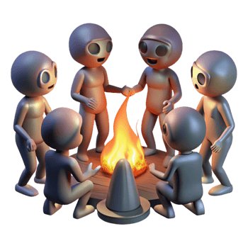 vibrant classic A group of genetically modified humans with glowing skin and unusual features, gathered around a bonfire, illuminated by the flickering firelight. Science fiction style detailed png