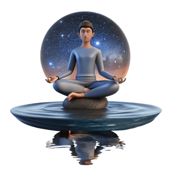 stunning abstract A meditating yogi levitating above a serene lake reflecting a starry night sky, in a realistic, spiritual art style high resolution png