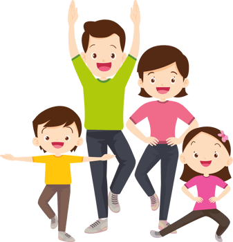 Parents and children enjoying a weekend fitness routine. png