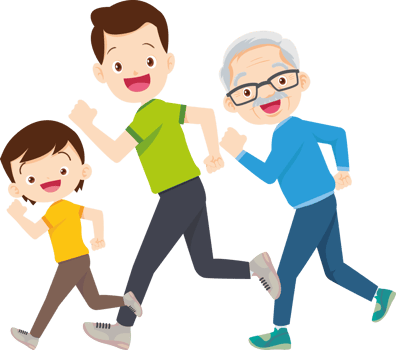 Father, grandfather and son jogging together with smiling faces png