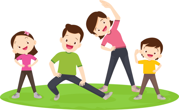 Mother leads father and children to practice yoga by themselves png