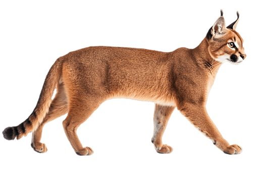 Side View of Walking Caracal with Transparent Background in Studio Shot a Wild Feline with Distinctive Ears and Sandy Fur with Elegant and Graceful Body png