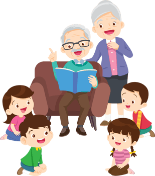 Happy senior couple surrounded by their beloved grandchildren. png