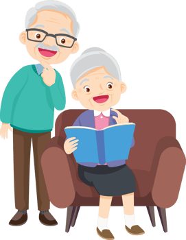 Grandpa and grandma are happily looking at a photo album from when they were young. png