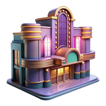 serene minimalist An intricate Art Deco movie theater with neon marquee, vibrant city lights, vintage photography style exclusive png