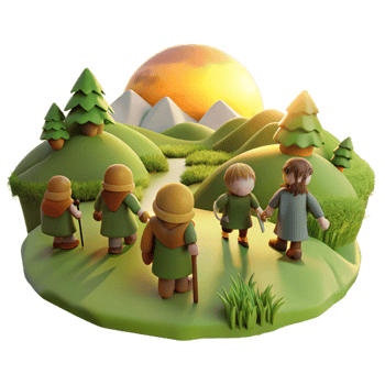stunning classic A group of adventurous hobbits traveling through a rolling green landscape. Warm, afternoon sunlight. Tolkien-esque style 4K png