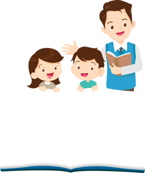 Advertisement featuring a smiling male teacher teaching a young girl. A cheerful male teacher stands behind a large open mock-up book. png