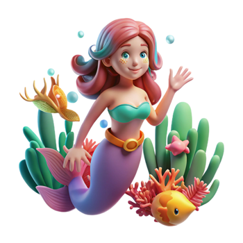 extraordinary vintage A cartoon mermaid swimming underwater, surrounded by coral and fish, illuminated by the filtered sunlight from the surface, drawn in a vibrant and flowing cartoon style exclusive png