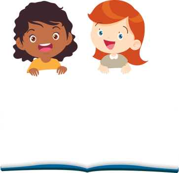 A cute school girl stands cheerfully behind a large model book. png