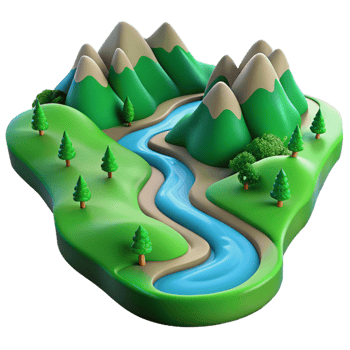 magnificent minimalist A winding river flowing through a green valley, aerial view, landscape photography style exclusive png