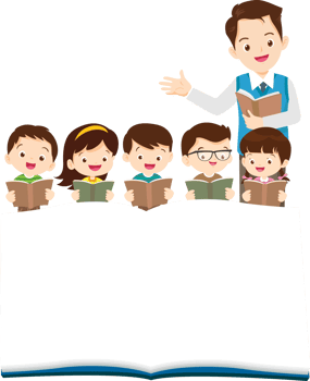 Happy teacher holding a book, teaching a cheerful class. png