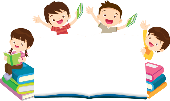 A billboard of school children cheerfully holding books around a large open mock-up book. png