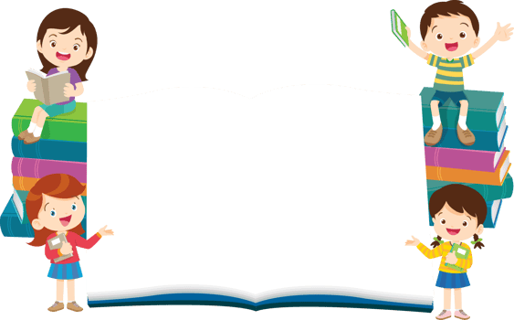 A media board of school children is having fun learning around a large open book mock-up. png