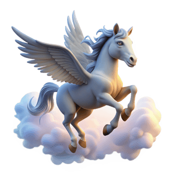 serene creative A majestic pegasus flying through a cloudy sky, illuminated by sunlight breaking through the clouds, in a dreamy style authentic png