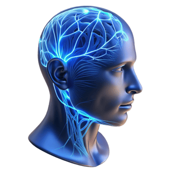 beautiful artistic A transparent human head with visible neural pathways illuminated by pulsating blue light, detailed anatomy, scientific illustration style detailed png