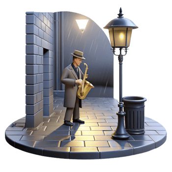 vibrant minimalist A lone street musician playing a saxophone under a dim, flickering gas lamp in a deserted, rain-slicked alleyway, noir style, chiaroscuro lighting premium png