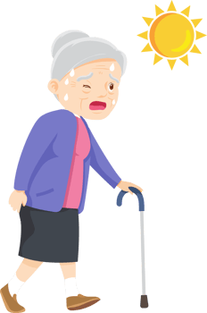 Elderly woman looking tired from walking under hot sun png