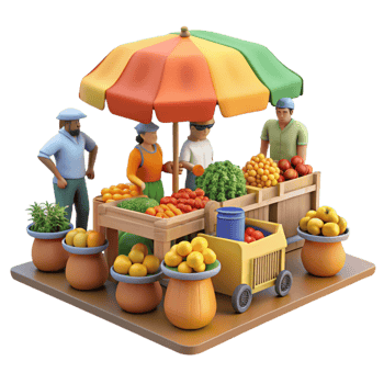 wonderful abstract A bustling street market scene with vendors selling exotic fruits and vegetables, vibrant colors, Impressionist style detailed png