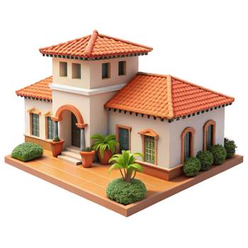 impressive rustic Spanish colonial hacienda, stucco walls, red tile roof, courtyard, Mediterranean style authentic png