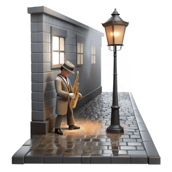 beautiful creative A lone street musician playing a saxophone under a dim, flickering gas lamp in a deserted, rain-slicked alleyway, noir style, chiaroscuro lighting high resolution png