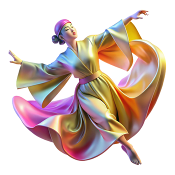 vibrant traditional Portrait of a dancer in flowing silk robes, mid-leap, with dynamic motion blur, lit by colorful stage lights, in an impressionistic style exclusive png