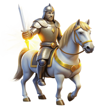 wonderful classic A noble knight in shining armor, riding a majestic white horse, wielding a gleaming sword, illuminated by the bright sunlight. Medieval romance style professional png