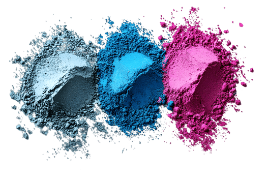 Three Isolated Powder Eyeshadows Crushed and Scattered in Pink Blue and Gray Color Tones Isolated Against a Black Background png