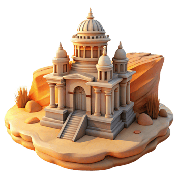 elegant abstract A desert oasis centered around a majestic, intricately carved sandstone temple, bathed in the golden light of sunset, digital painting style professional png