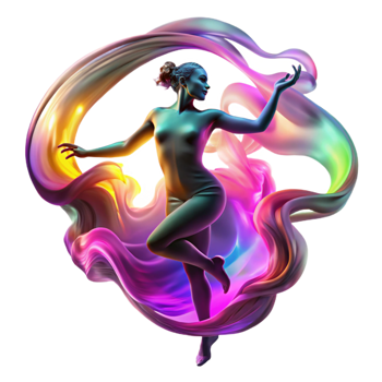 extraordinary artistic A swirling vortex of colorful smoke forming the silhouette of a dancing woman, illuminated by neon lights, in a vibrant, abstract art style high quality png