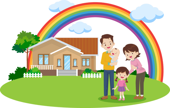 Family standing in front of a house png