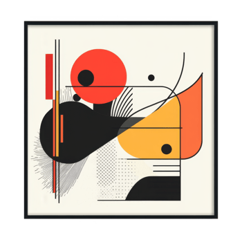 Dynamic Bauhaus poster featuring abstract shapes and vibrant colors, including red, black, and yellow. design evokes sense of modernity and creativity, perfect for contemporary decor png