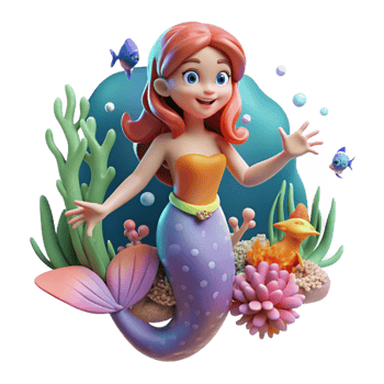 wonderful artistic A cartoon mermaid swimming underwater, surrounded by coral and fish, illuminated by the filtered sunlight from the surface, drawn in a vibrant and flowing cartoon style authentic png