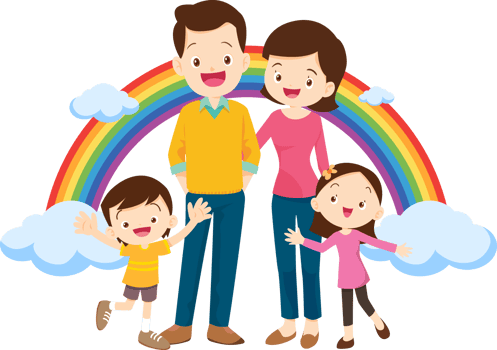 Rainbow behind family dad mom children grandparents at home driveway png
