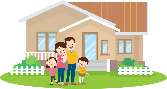 A warm family stands in front of their new house for a photo with smiling faces. png