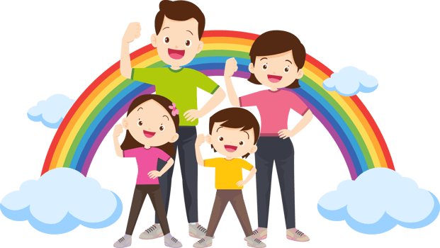 A happy family stands in front of a beautiful rainbow doing exercise for good health. png