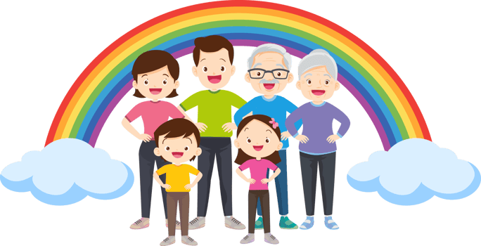 Grandparents lead happy family to exercise amidst rainbows png