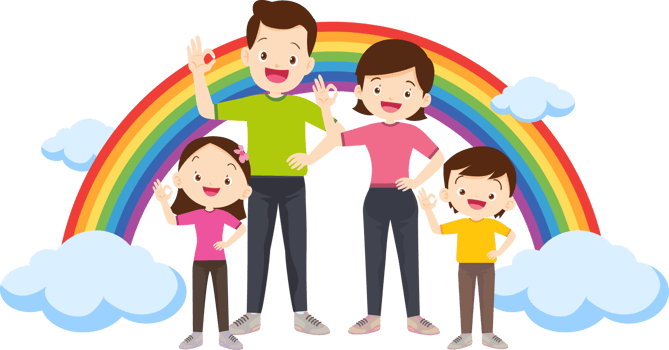 Healthy family smiling and exercising with a beautiful rainbow as a backdrop. png