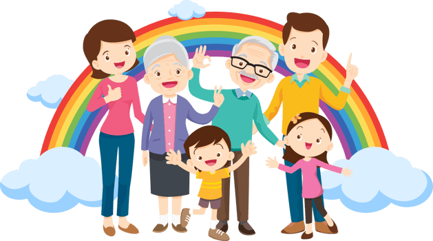 A happy family is all together and joyful amidst a beautiful rainbow. png