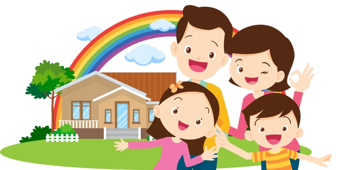 Parents invite their daughter and son to take photos in front of their warm home amidst a beautiful rainbow. png