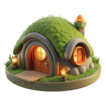 stunning abstract A cozy hobbit hole built into a grassy hillside, lit by a warm fire within, watercolor painting style authentic png