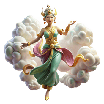 serene creative A graceful apsara with flowing silk robes, dancing amongst clouds in the heavens. Ethereal, soft lighting. Southeast Asian style original png